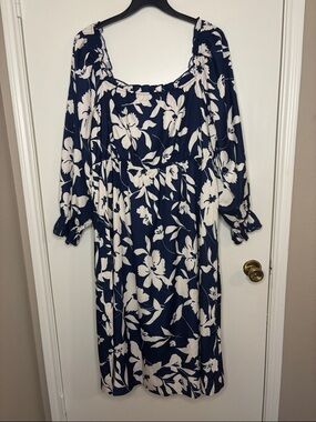 Floral Navy and White Long Sleeve Midi off the shoulder Dress